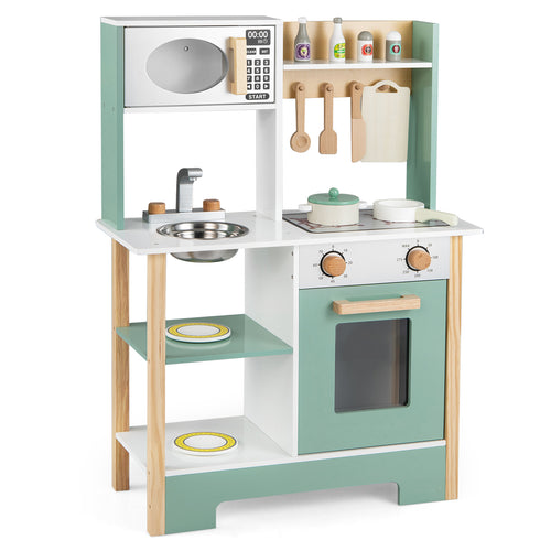 Play Kitchen Wooden Toy Kitchen Playset with Chalkboard Birthday Gift for Kids Aged 3 +, Green