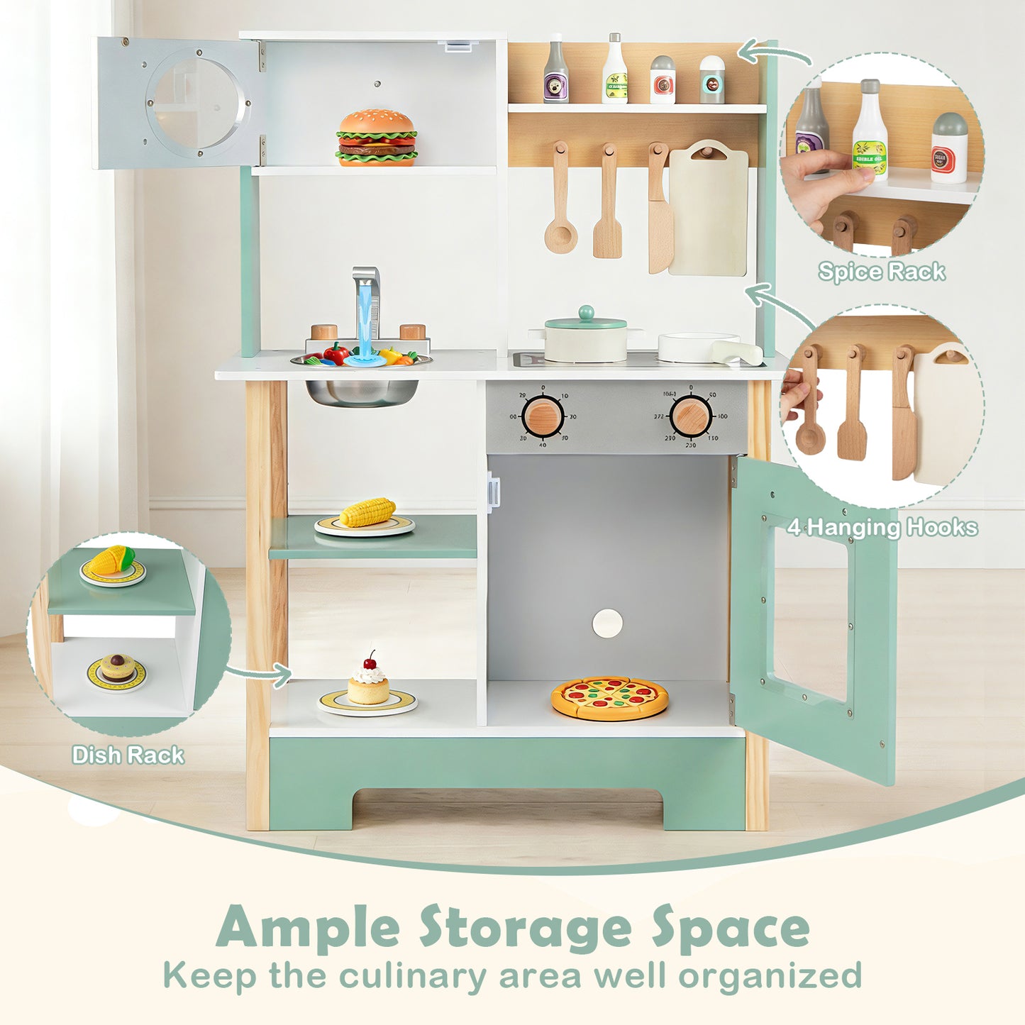 Play Kitchen Wooden Toy Kitchen Playset with Chalkboard Birthday Gift for Kids Aged 3 +, Green Play Kitchen Sets at Gallery Canada