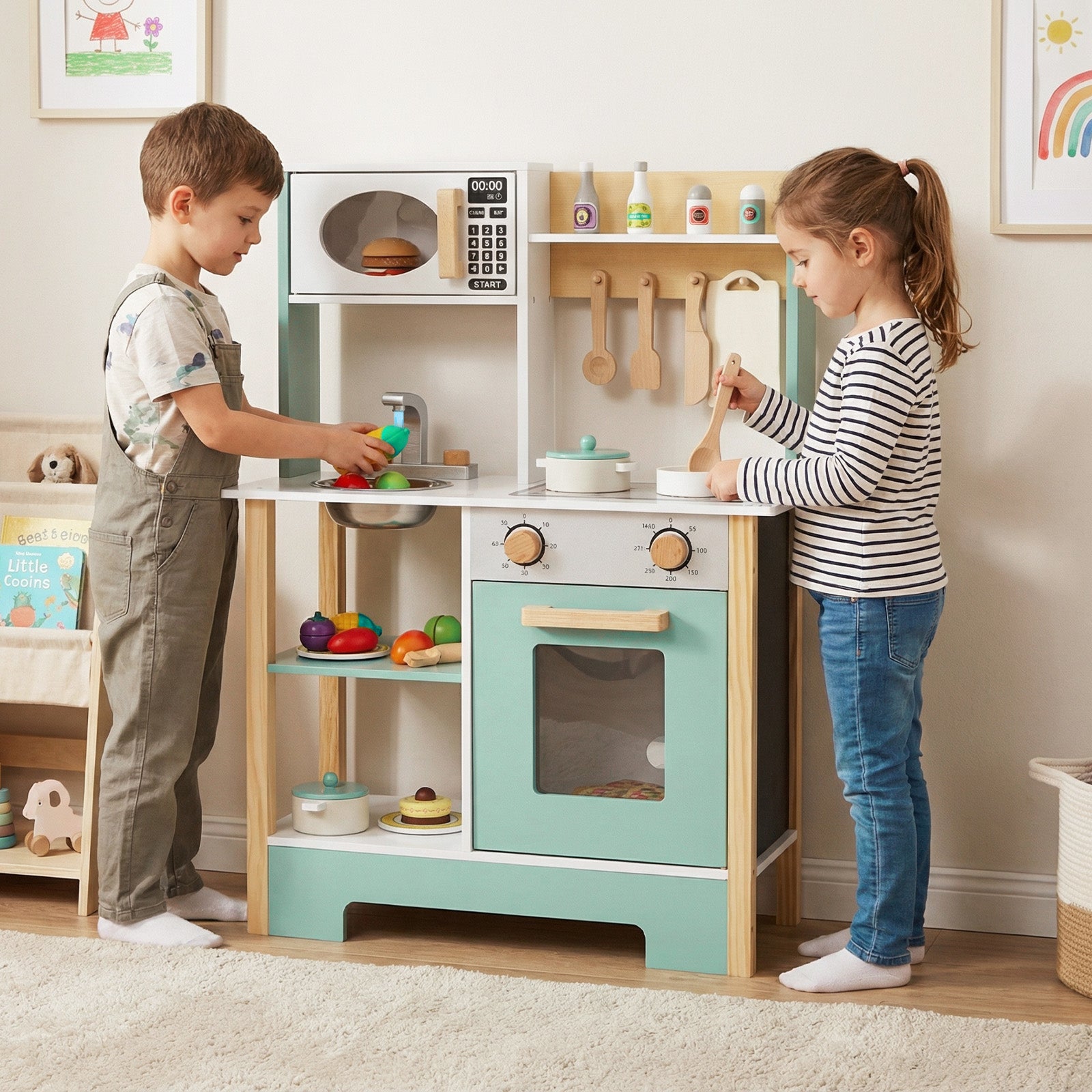 Play Kitchen Wooden Toy Kitchen Playset with Chalkboard Birthday Gift for Kids Aged 3 +, Green Play Kitchen Sets at Gallery Canada