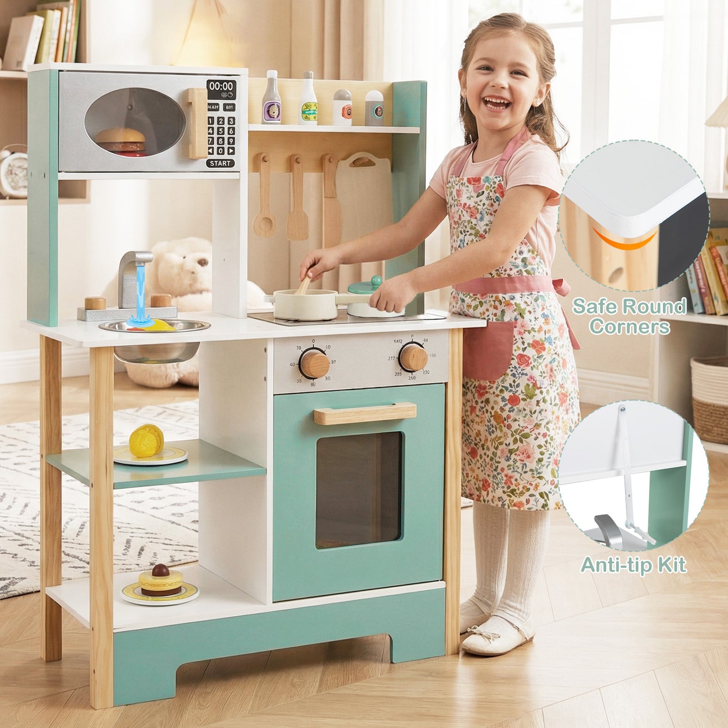 Play Kitchen Wooden Toy Kitchen Playset with Chalkboard Birthday Gift for Kids Aged 3 +, Green Play Kitchen Sets at Gallery Canada