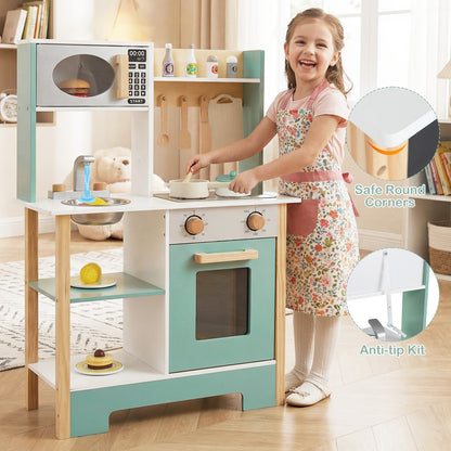 Play Kitchen Wooden Toy Kitchen Playset with Chalkboard Birthday Gift for Kids Aged 3 +, Green Play Kitchen Sets at Gallery Canada