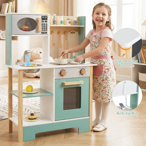 Play Kitchen Wooden Toy Kitchen Playset with Chalkboard Birthday Gift for Kids Aged 3 +, Green