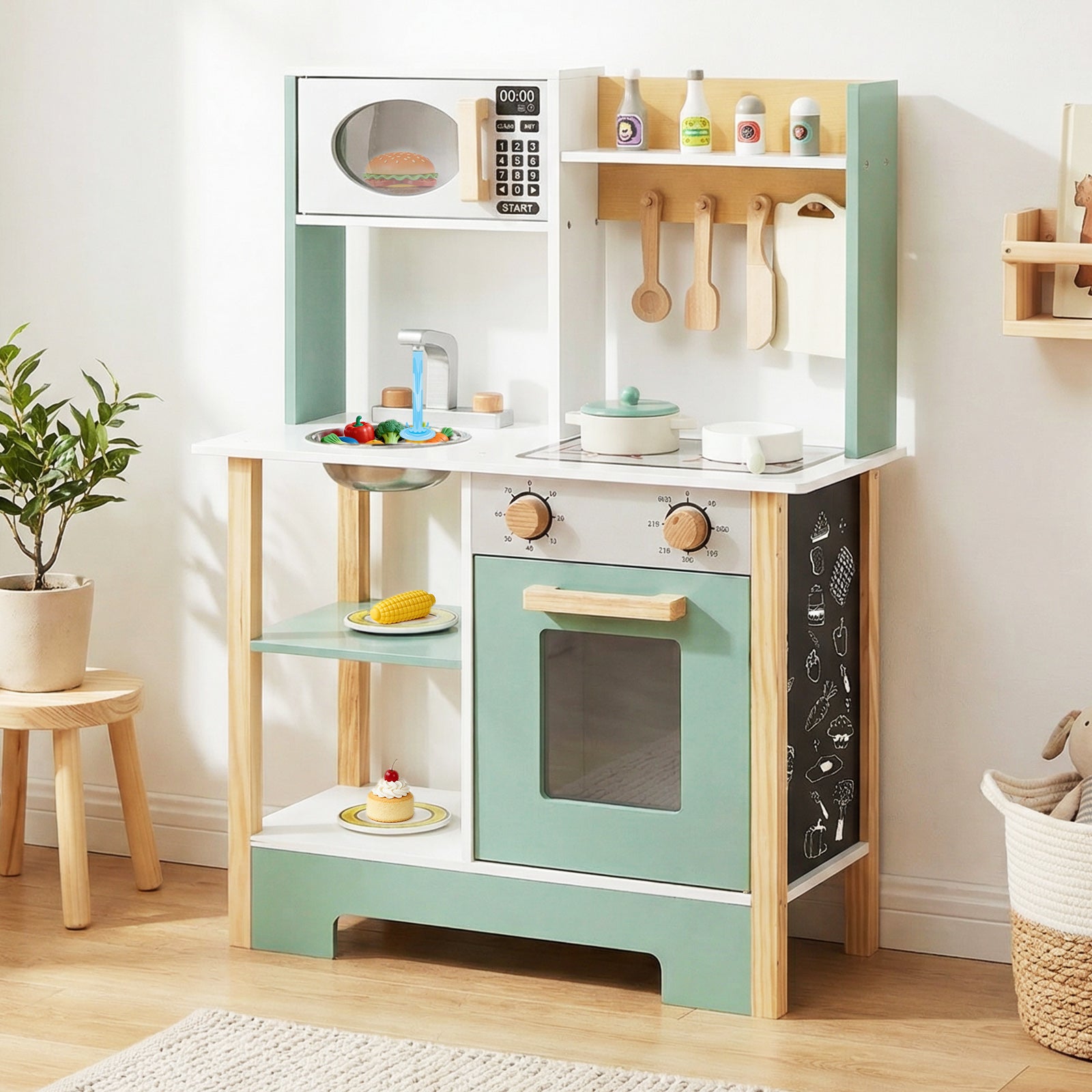 Play Kitchen Wooden Toy Kitchen Playset with Chalkboard Birthday Gift for Kids Aged 3 +, Green Play Kitchen Sets at Gallery Canada
