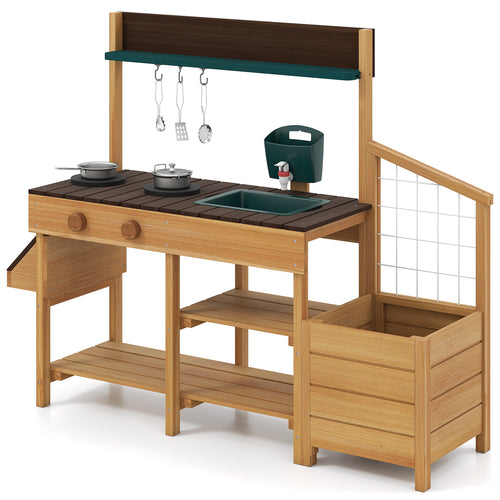 Play Kitchen for Kids Wooden Toy Kitchen Playset Pretend Mud Kitchen, Brown