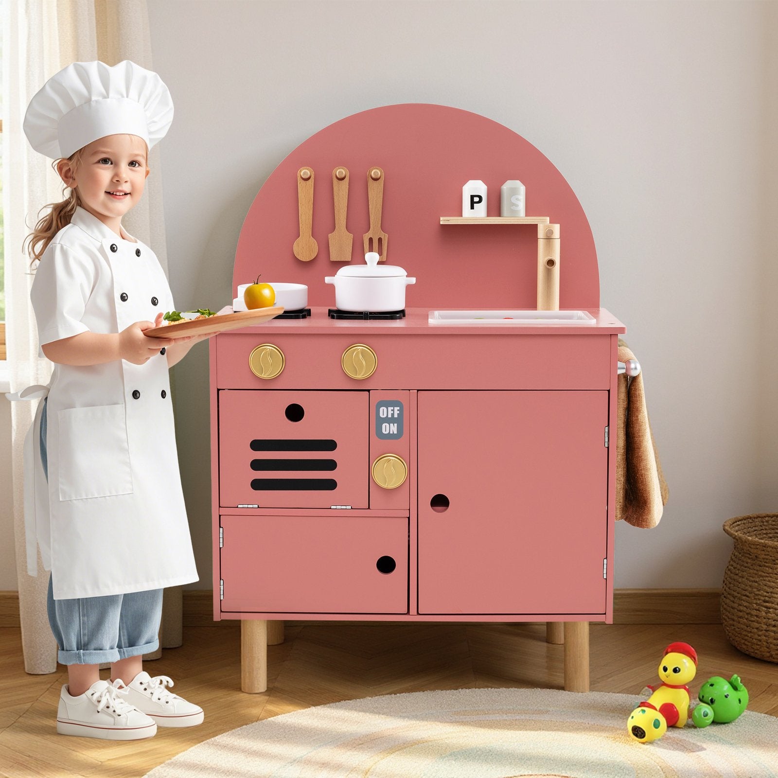 Play Kitchen for Kids Wooden Kitchen Playset with Stoves Faucet Sink Microwave and Oven, Pink Play Kitchen Sets at Gallery Canada