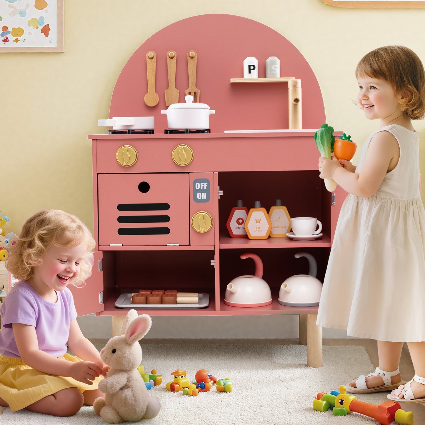 Play Kitchen for Kids Wooden Kitchen Playset with Stoves Faucet Sink Microwave and Oven, Pink Play Kitchen Sets at Gallery Canada