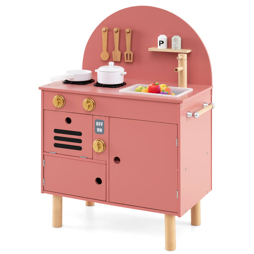 Kids Wooden Play Kitchen Set With Stove, Sink, Microwave, Oven, Pink