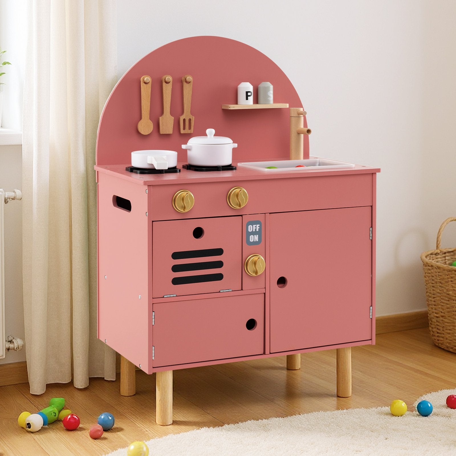 Play Kitchen for Kids Wooden Kitchen Playset with Stoves Faucet Sink Microwave and Oven, Pink Play Kitchen Sets at Gallery Canada