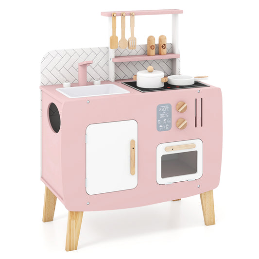 Wooden Play Kitchen For Kids With Stoves, Sink, Faucet & Oven Play Kitchen Sets Pink & White at Gallery Canada