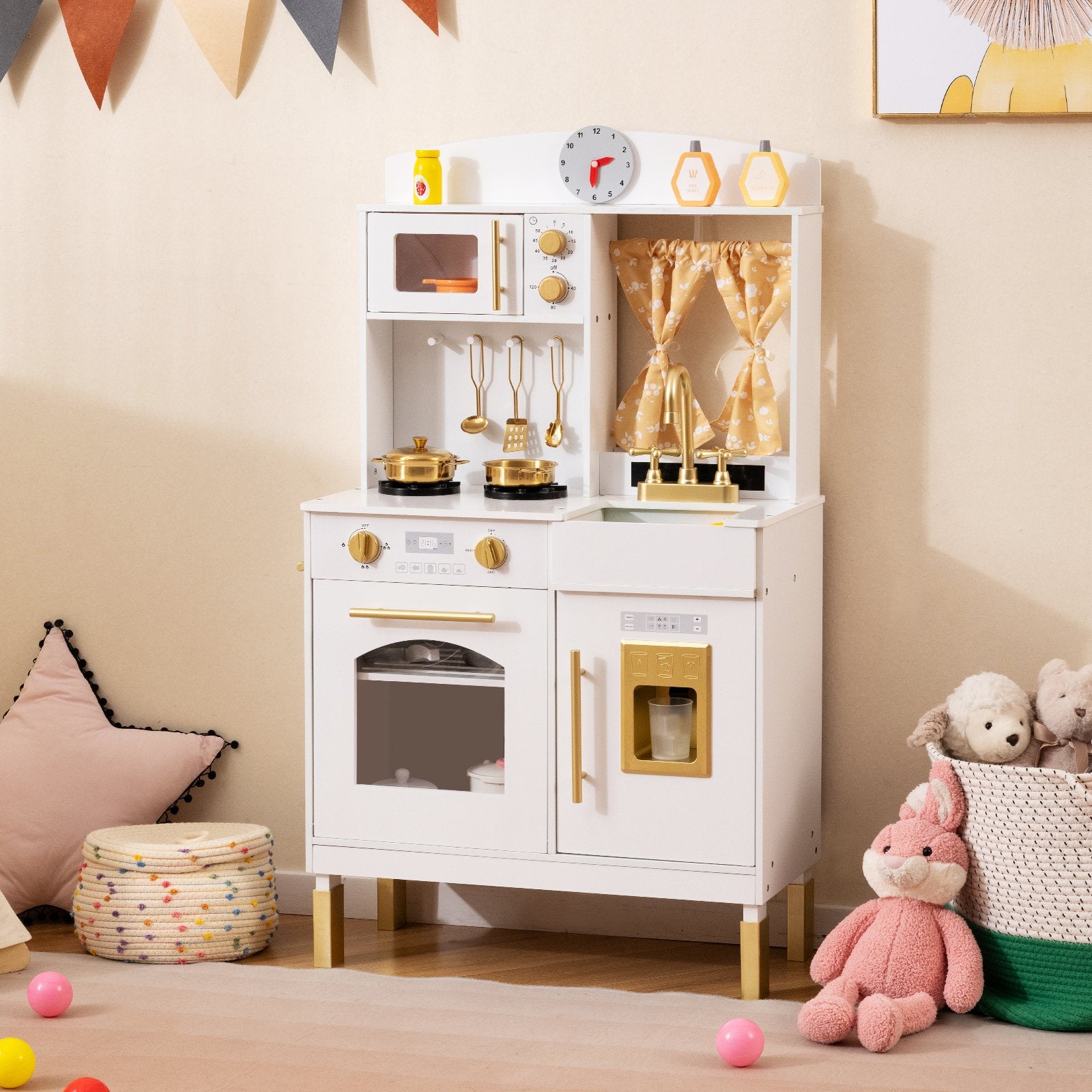 Play Kitchen for Kids Wooden Chef Pretend Playset with 3 Adjustable Heights Microwave, Gold Play Kitchen Sets at Gallery Canada