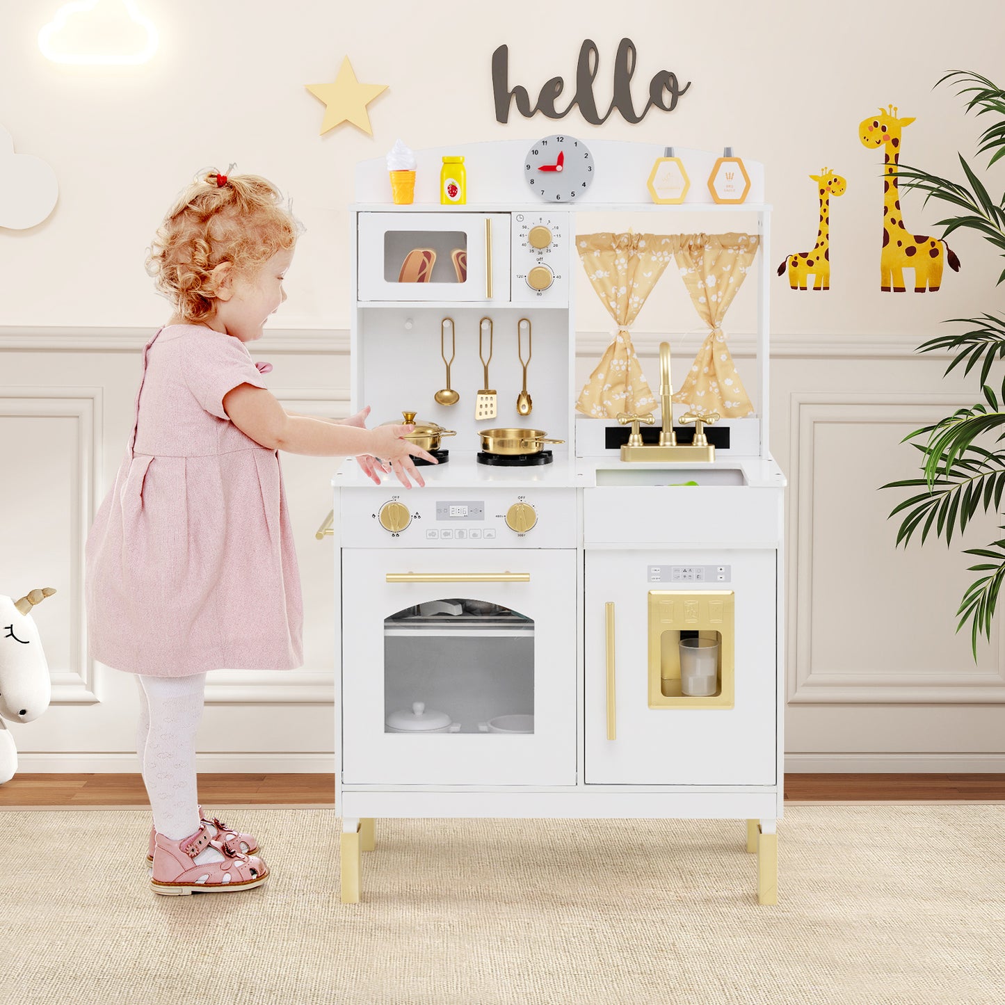 Play Kitchen for Kids Wooden Chef Pretend Playset with 3 Adjustable Heights Microwave, Gold Play Kitchen Sets at Gallery Canada