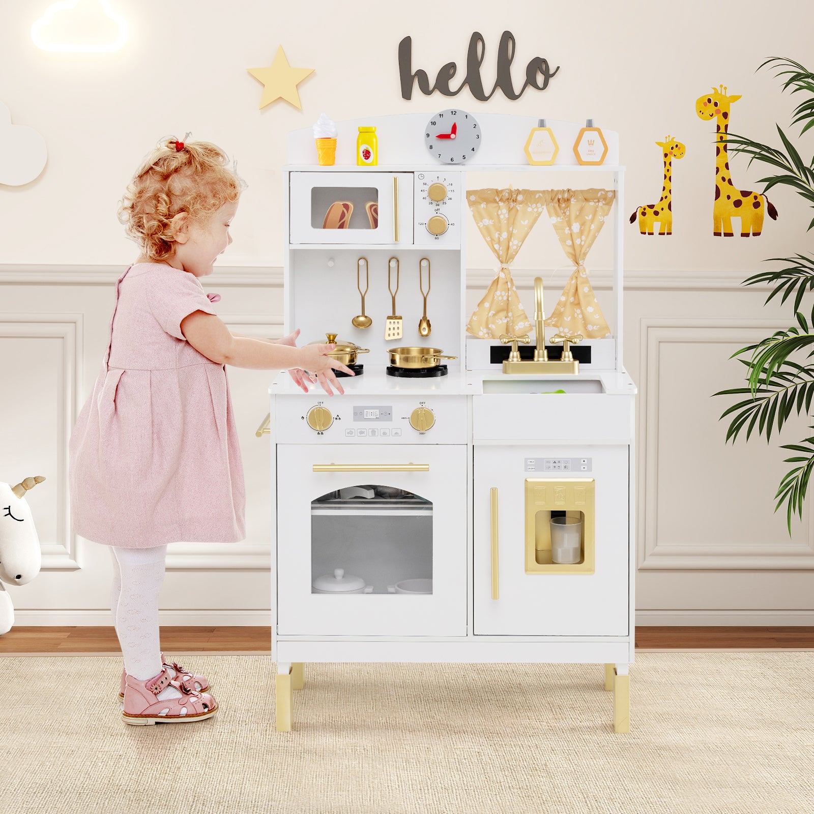 Play Kitchen for Kids Wooden Chef Pretend Playset with 3 Adjustable Heights Microwave, Gold Play Kitchen Sets at Gallery Canada