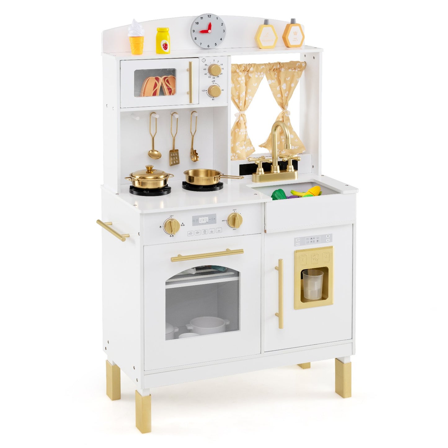 Play Kitchen for Kids Wooden Chef Pretend Playset with 3 Adjustable Heights Microwave, Gold Play Kitchen Sets Gold at Gallery Canada
