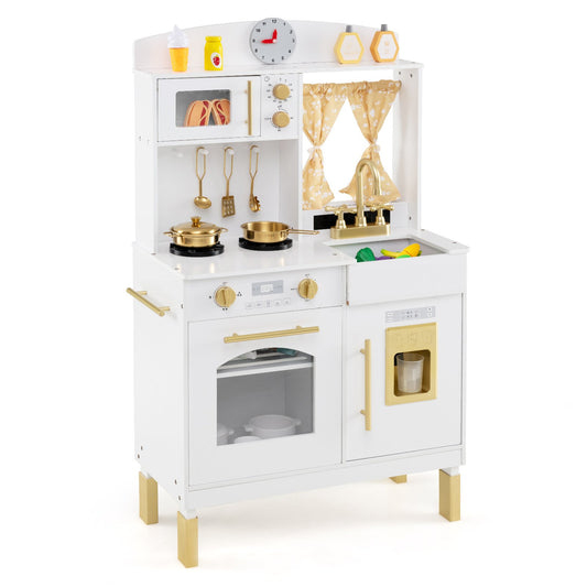 Play Kitchen for Kids Wooden Chef Pretend Playset with 3 Adjustable Heights Microwave, Gold Play Kitchen Sets Gold at Gallery Canada