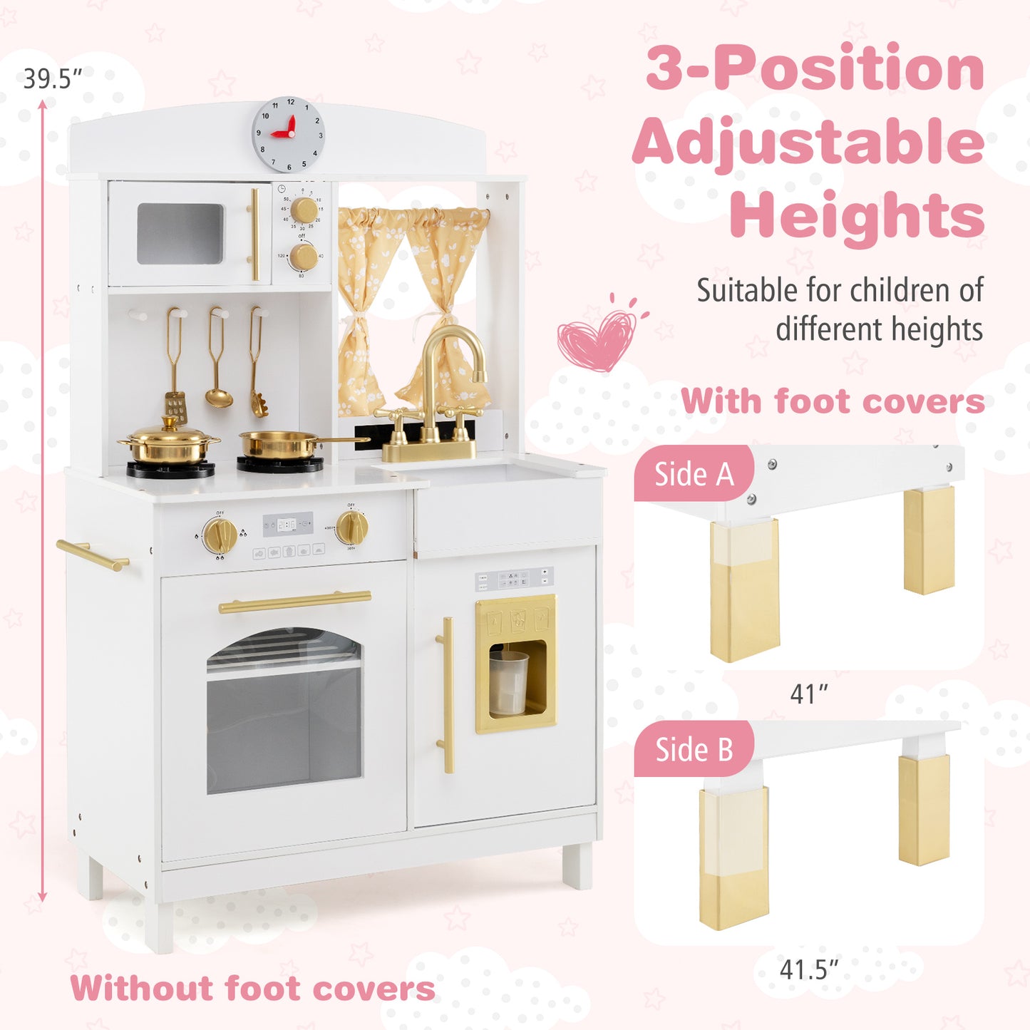Play Kitchen for Kids Wooden Chef Pretend Playset with 3 Adjustable Heights Microwave, Gold Play Kitchen Sets at Gallery Canada