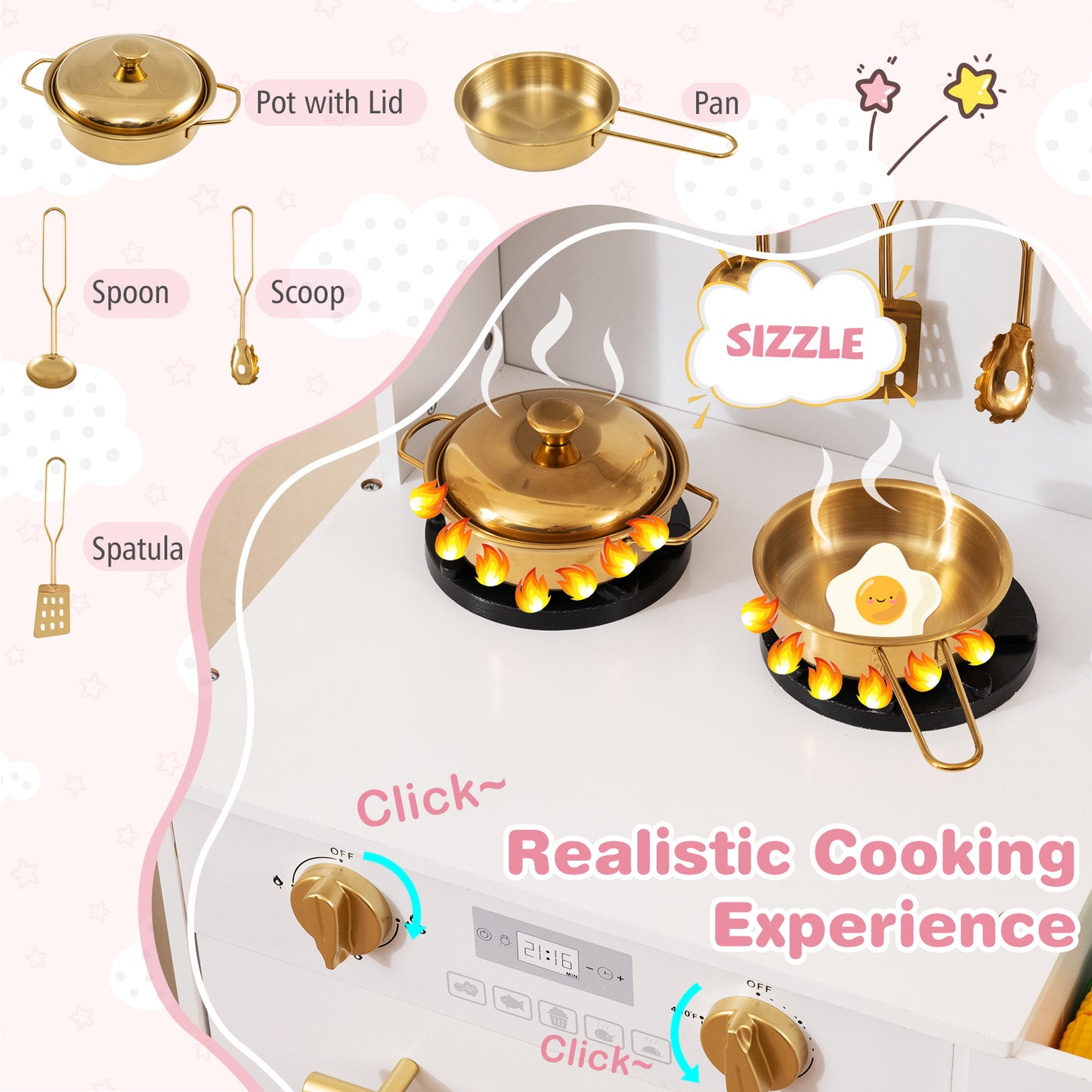 Play Kitchen for Kids Wooden Chef Pretend Playset with 3 Adjustable Heights Microwave, Gold Play Kitchen Sets at Gallery Canada