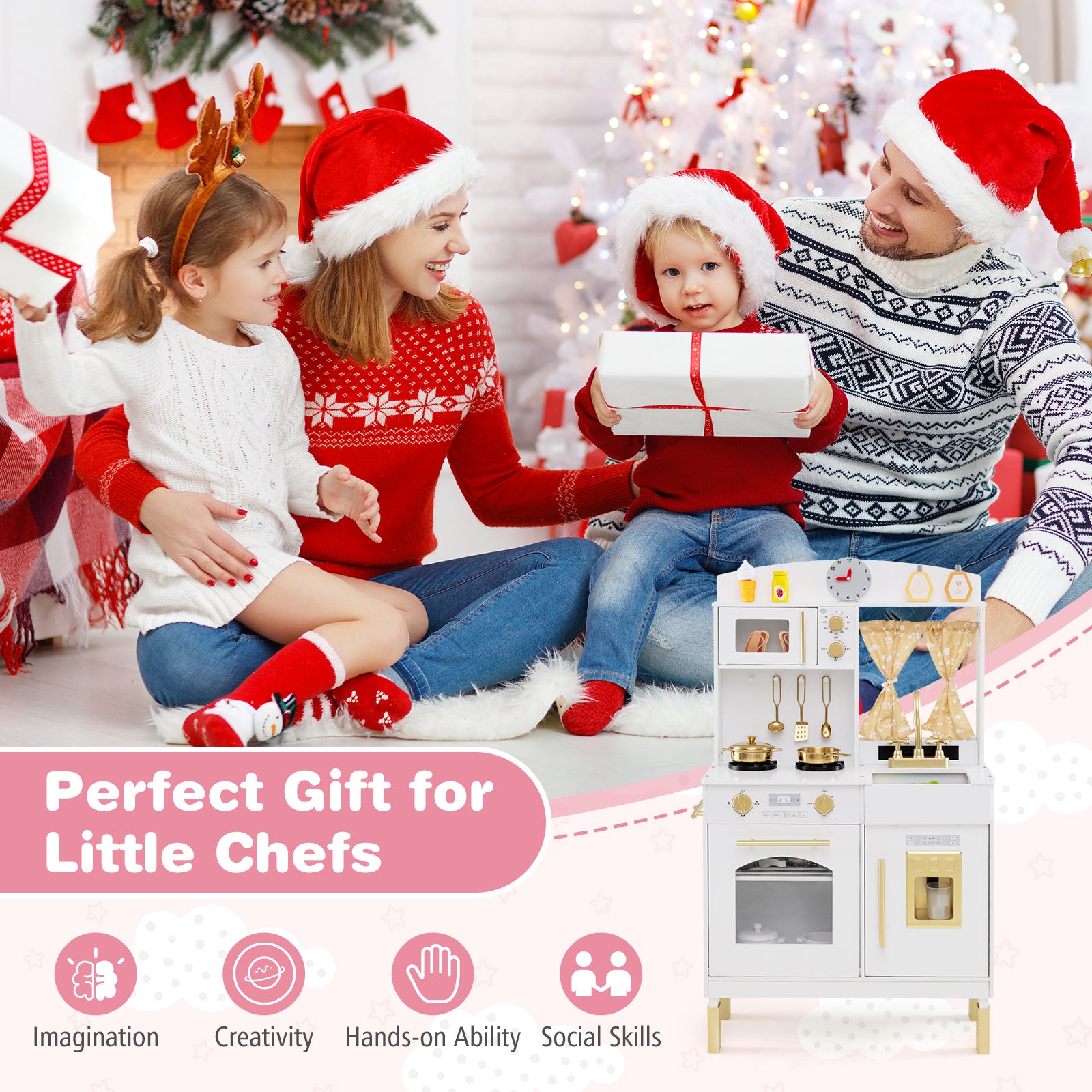 Play Kitchen for Kids Wooden Chef Pretend Playset with 3 Adjustable Heights Microwave, Gold Play Kitchen Sets at Gallery Canada