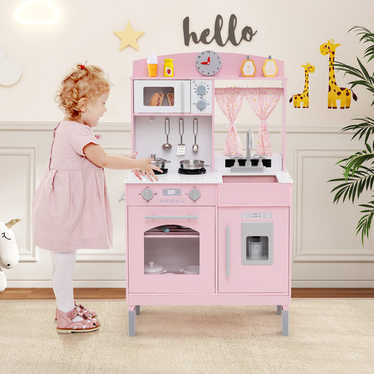 Play Kitchen for Kids Wooden Chef Pretend Playset with 3 Adjustable Heights Microwave, Pink Play Kitchen Sets Pink at Gallery Canada
