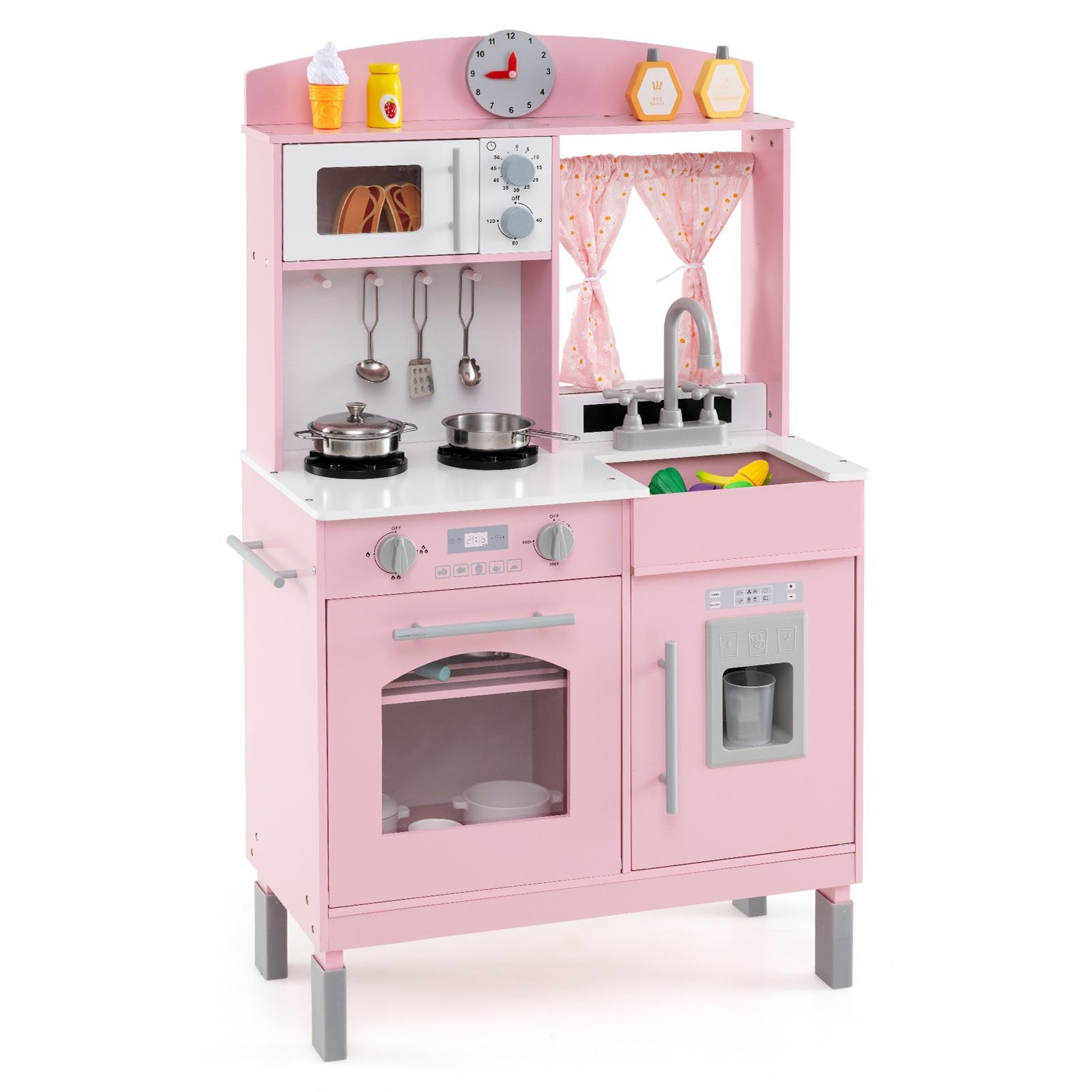 Play Kitchen for Kids Wooden Chef Pretend Playset with 3 Adjustable Heights Microwave, Pink Play Kitchen Sets Pink at Gallery Canada