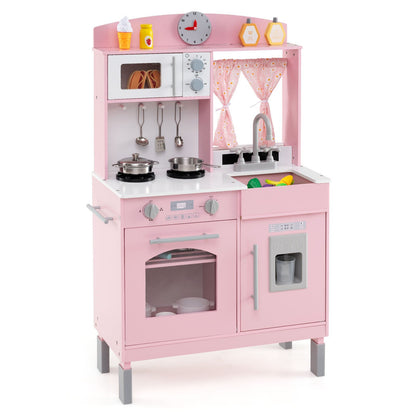 Play Kitchen for Kids Wooden Chef Pretend Playset with 3 Adjustable Heights Microwave, Pink Play Kitchen Sets Pink at Gallery Canada