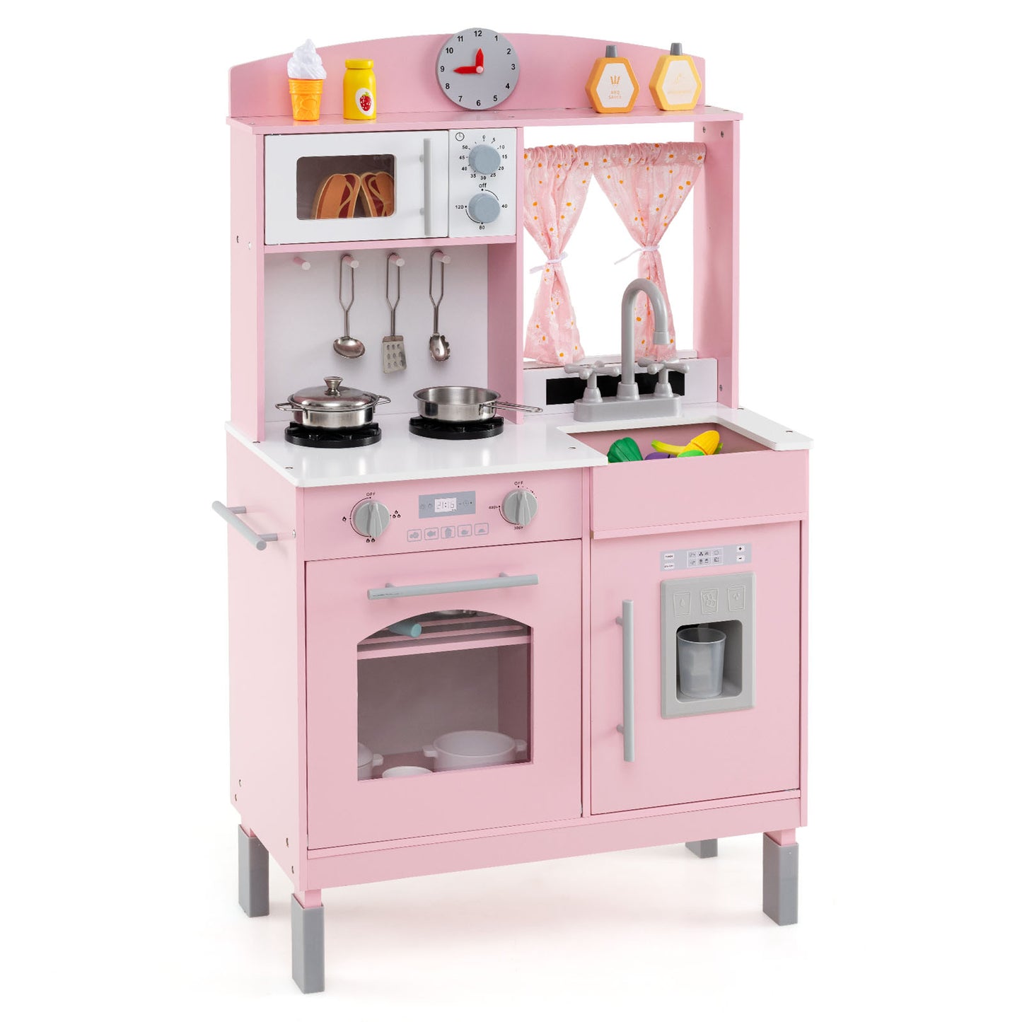 Play Kitchen for Kids Wooden Chef Pretend Playset with 3 Adjustable Heights Microwave, Pink Play Kitchen Sets at Gallery Canada