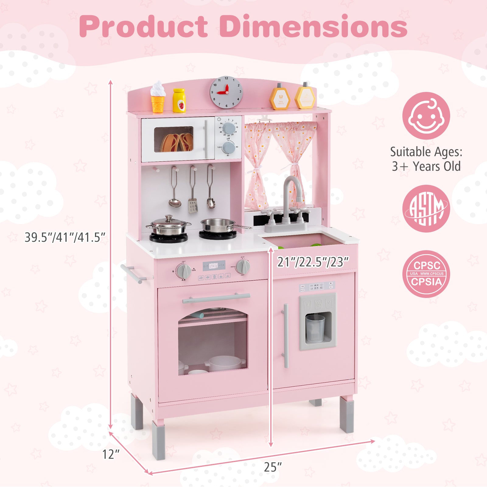 Play Kitchen for Kids Wooden Chef Pretend Playset with 3 Adjustable Heights Microwave, Pink Play Kitchen Sets at Gallery Canada