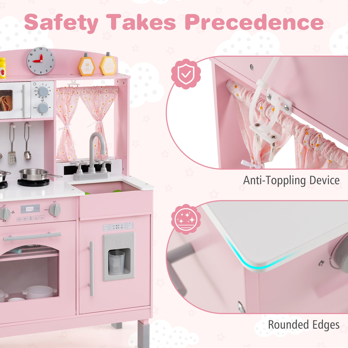 Play Kitchen for Kids Wooden Chef Pretend Playset with 3 Adjustable Heights Microwave, Pink Play Kitchen Sets at Gallery Canada