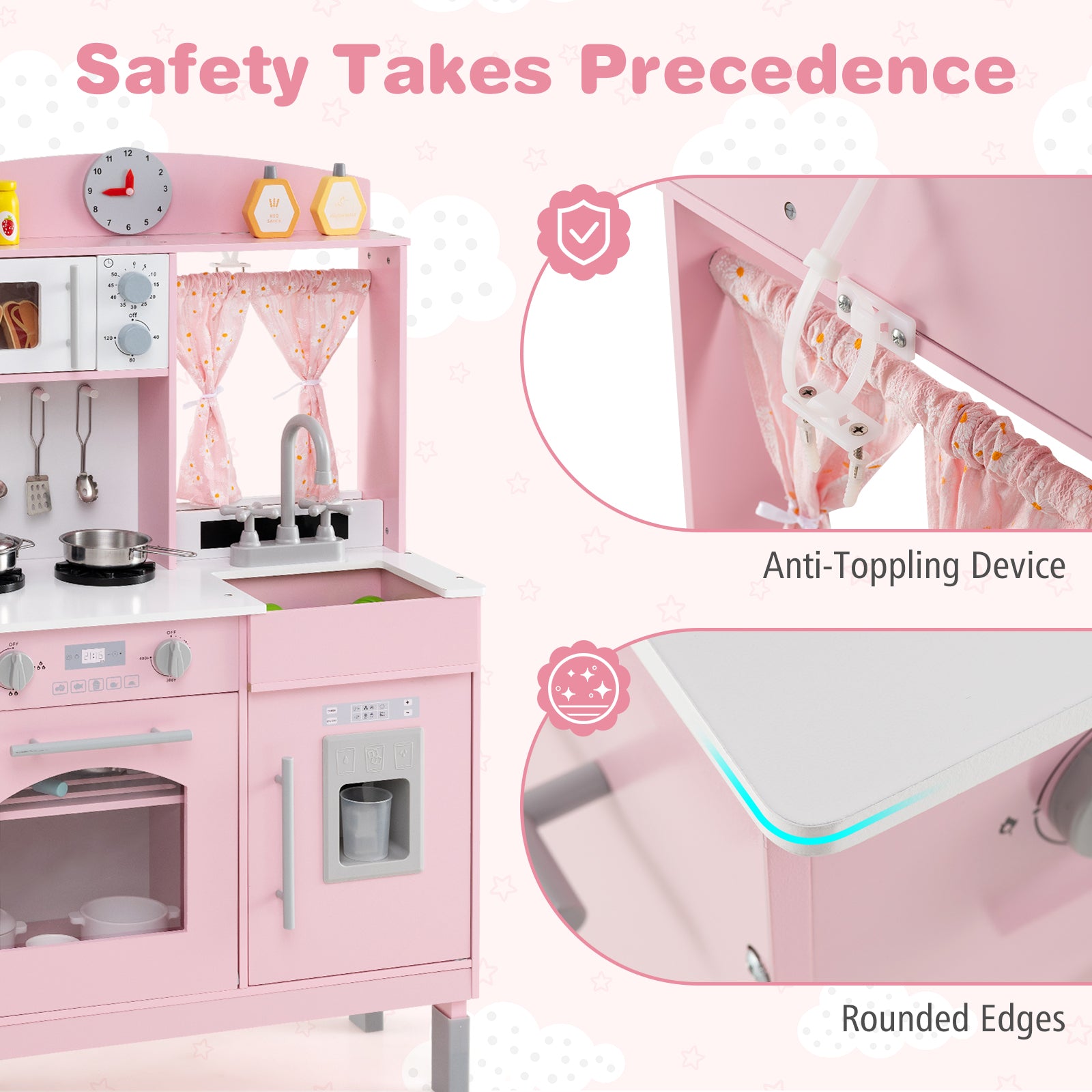 Play Kitchen for Kids Wooden Chef Pretend Playset with 3 Adjustable Heights Microwave, Pink Play Kitchen Sets at Gallery Canada