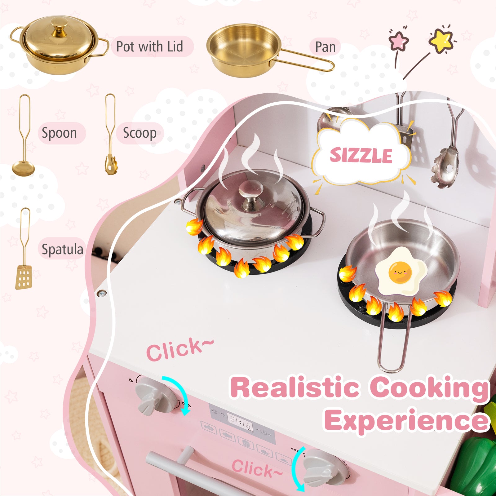 Play Kitchen for Kids Wooden Chef Pretend Playset with 3 Adjustable Heights Microwave, Pink Play Kitchen Sets at Gallery Canada