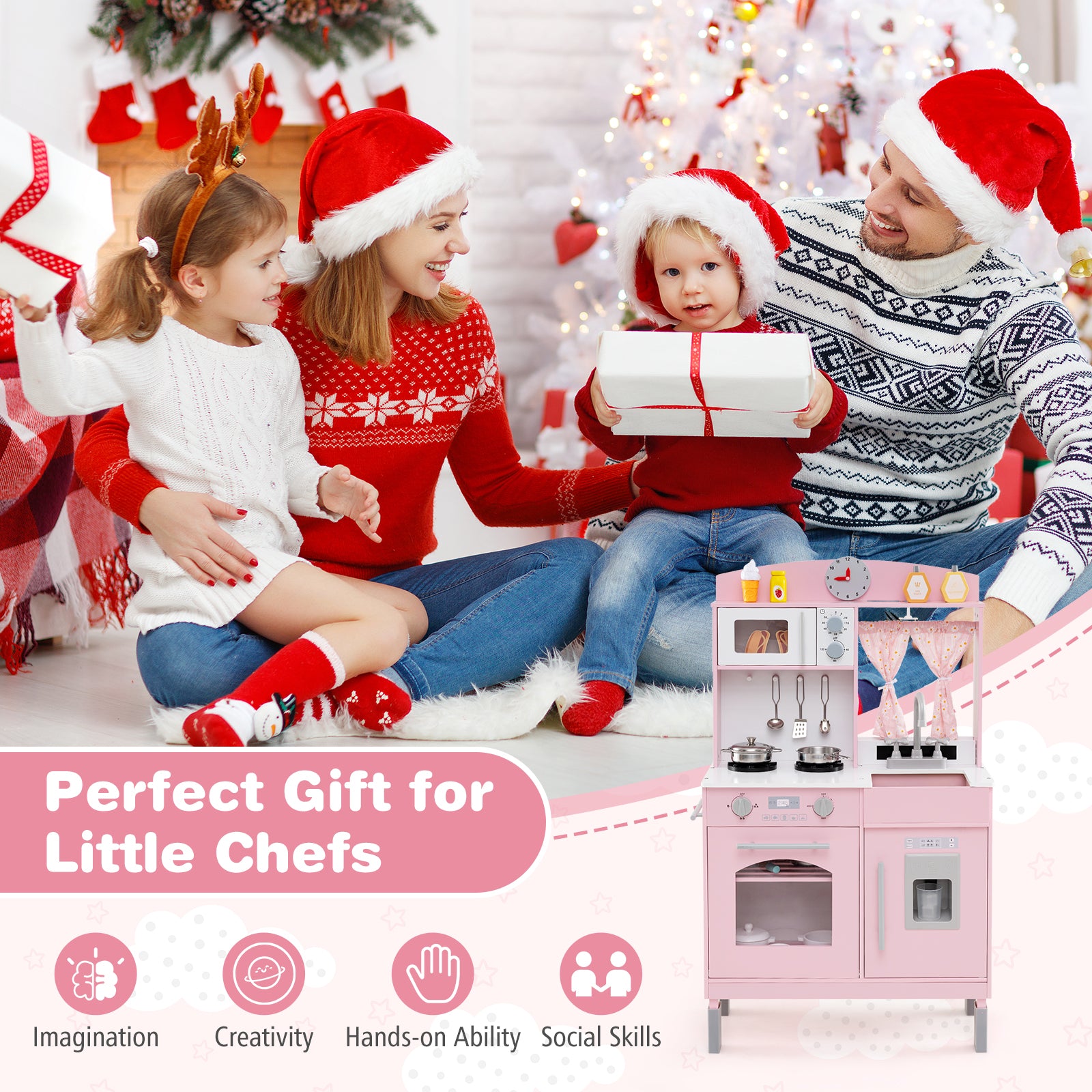 Play Kitchen for Kids Wooden Chef Pretend Playset with 3 Adjustable Heights Microwave, Pink Play Kitchen Sets at Gallery Canada