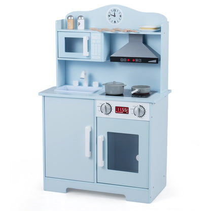 Kids Wooden Play Kitchen with Range Hood and Microwave, Blue Play Kitchen Sets at Gallery Canada