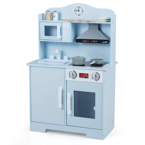 Kids Wooden Play Kitchen with Range Hood and Microwave, Blue