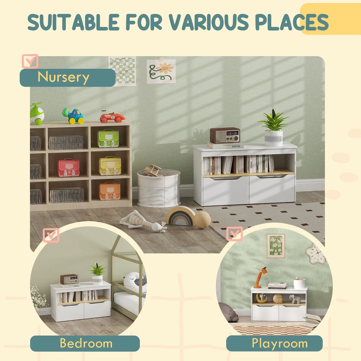 Kids Bookshelf with 2 Drawers, Large Tabletop Shelf, White Baby & Kids Storage at Gallery Canada