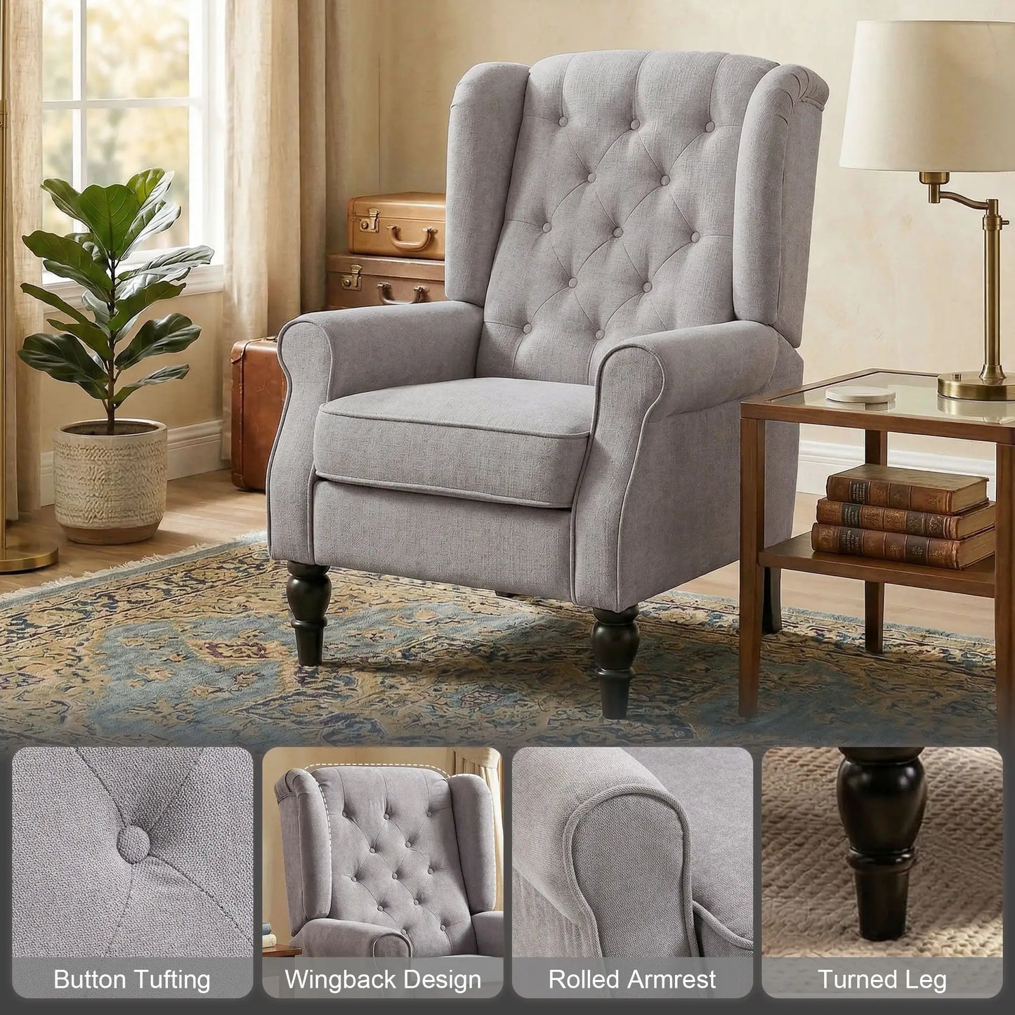 Fabric Accent Chair, Button Tufted Armchair, Modern Living Room, Wood Legs, Grey Accent Chairs at Gallery Canada