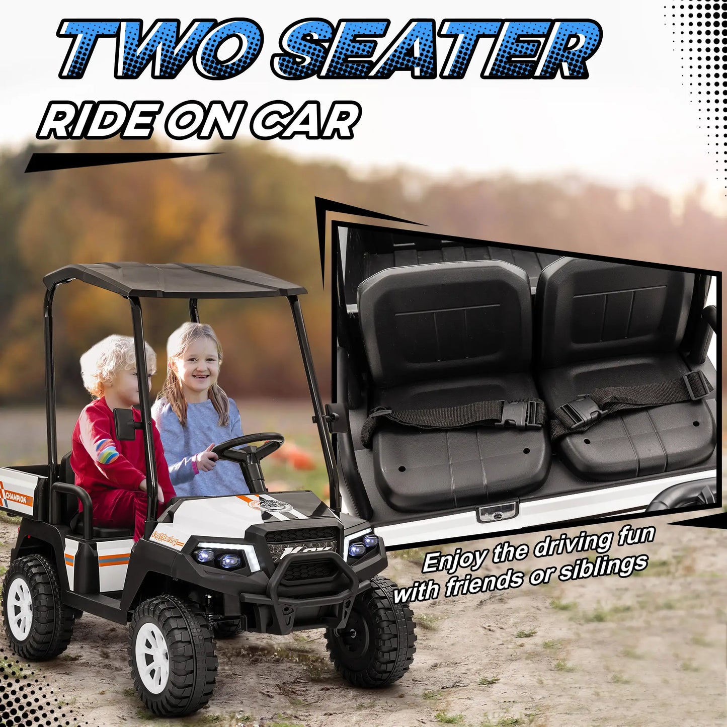 24V 2 Seater Electric Car, Remote Control, 4 Wheels Suspension, White Electric Toy Cars at Gallery Canada