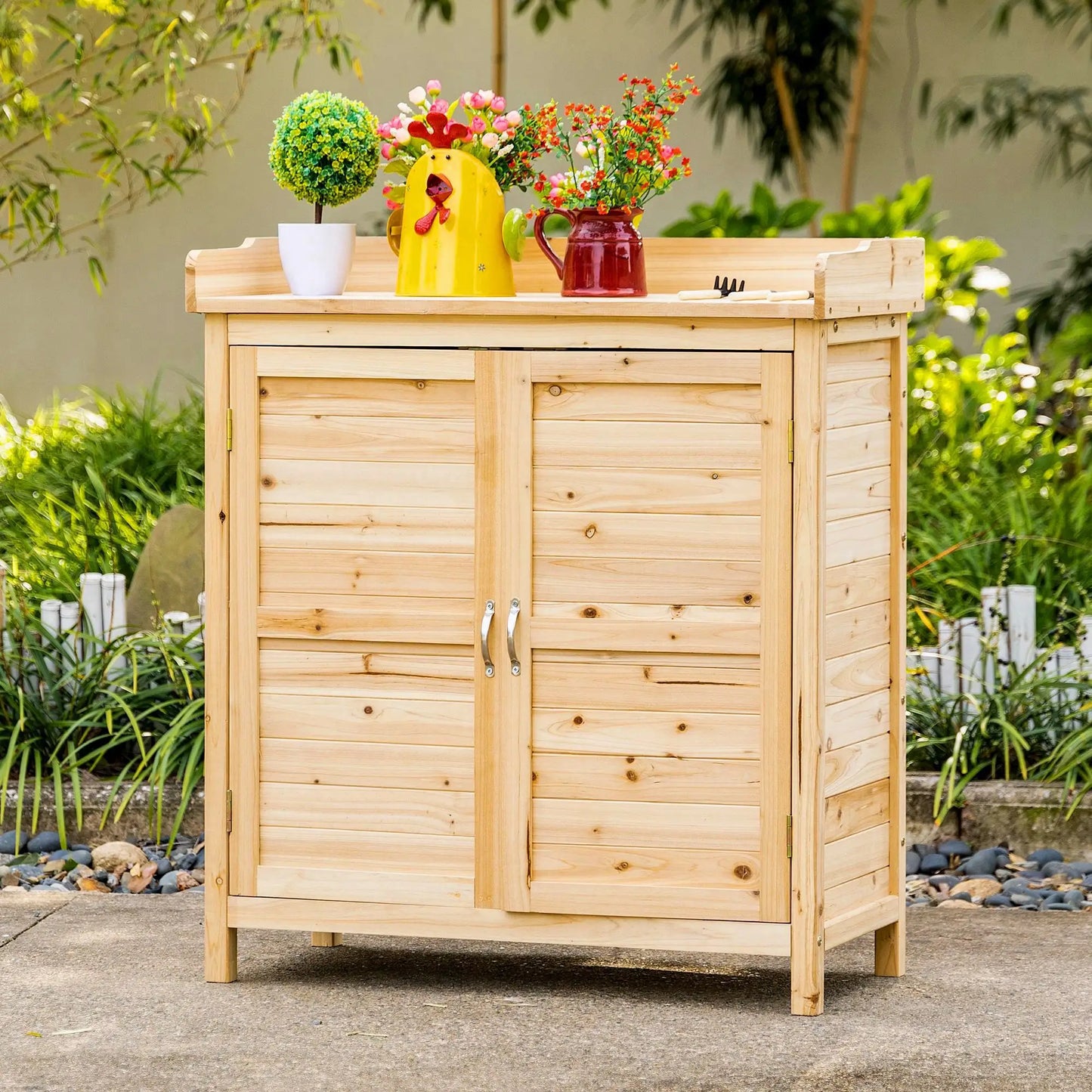 Wood Garden Shed, Compact Outdoor Storage Cabinet, Natural