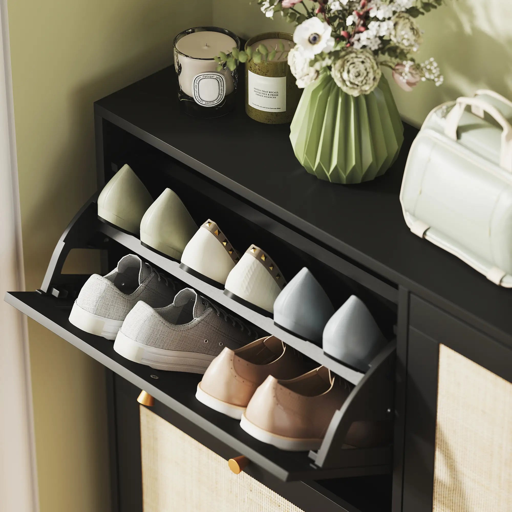 Narrow Shoe Storage Cabinet, 4 Flip Drawers, Adjustable Shelves, 20 Pairs, Black Shoe Storage Cabinets & Racks at Gallery Canada