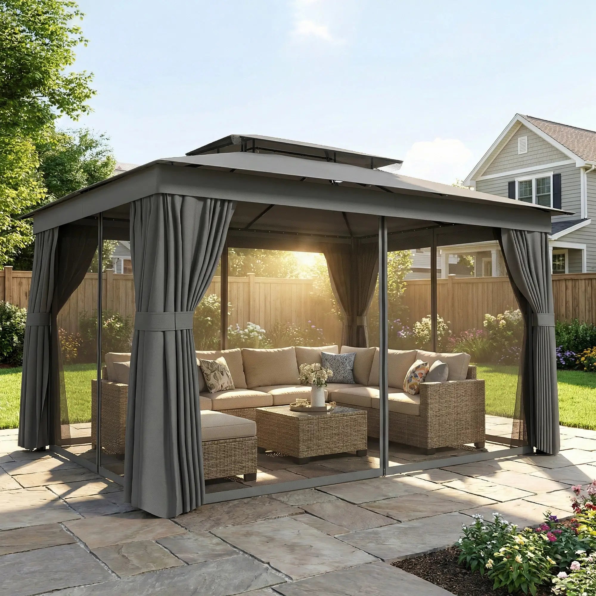 10' x 12.5' Gazebo, With Curtains, Netting, Double Roof, Dark Grey Gazebos at Gallery Canada