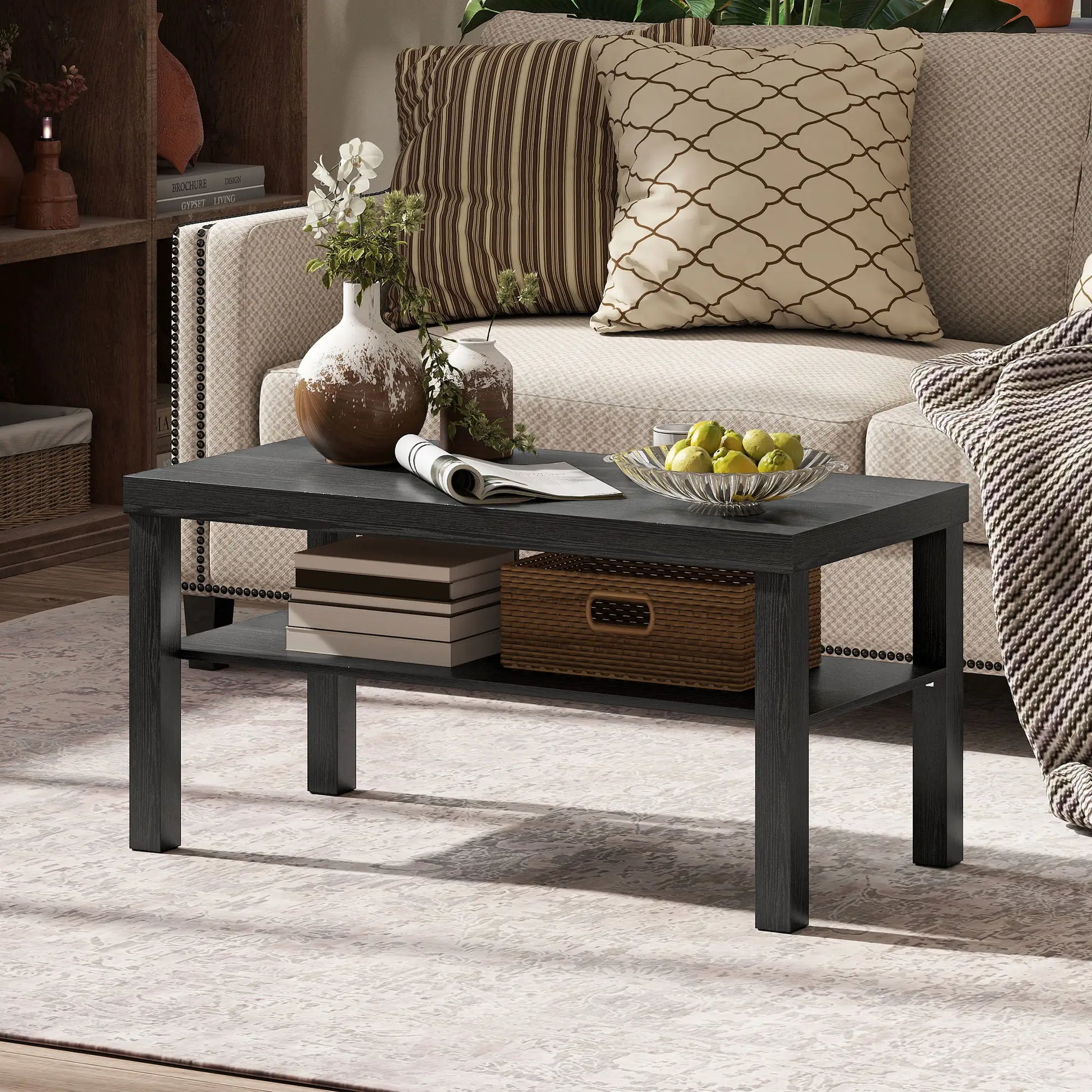 2 Tier Coffee Table, Rectangular Center Table with Storage Shelf, Black Coffee Tables at Gallery Canada
