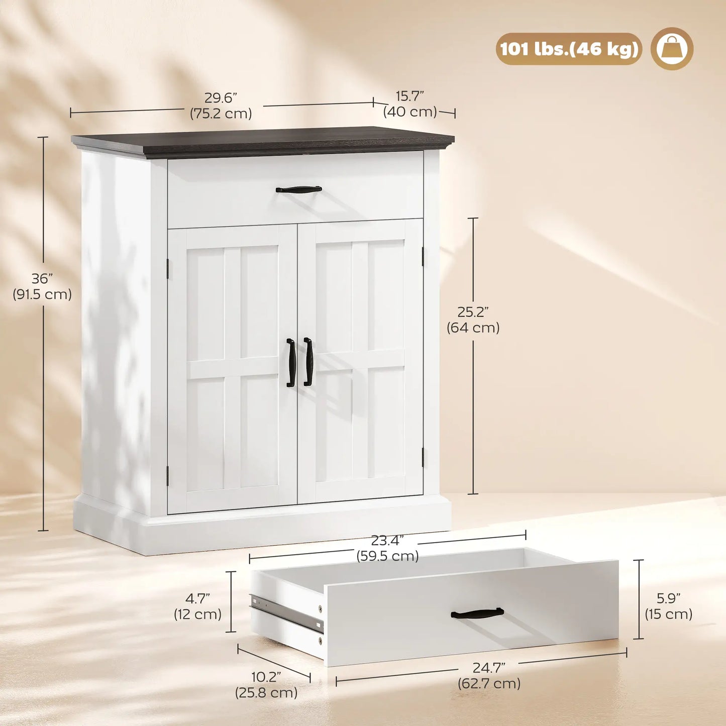 Buffet latéral moderne, 2 portes, étagère réglable, blanc