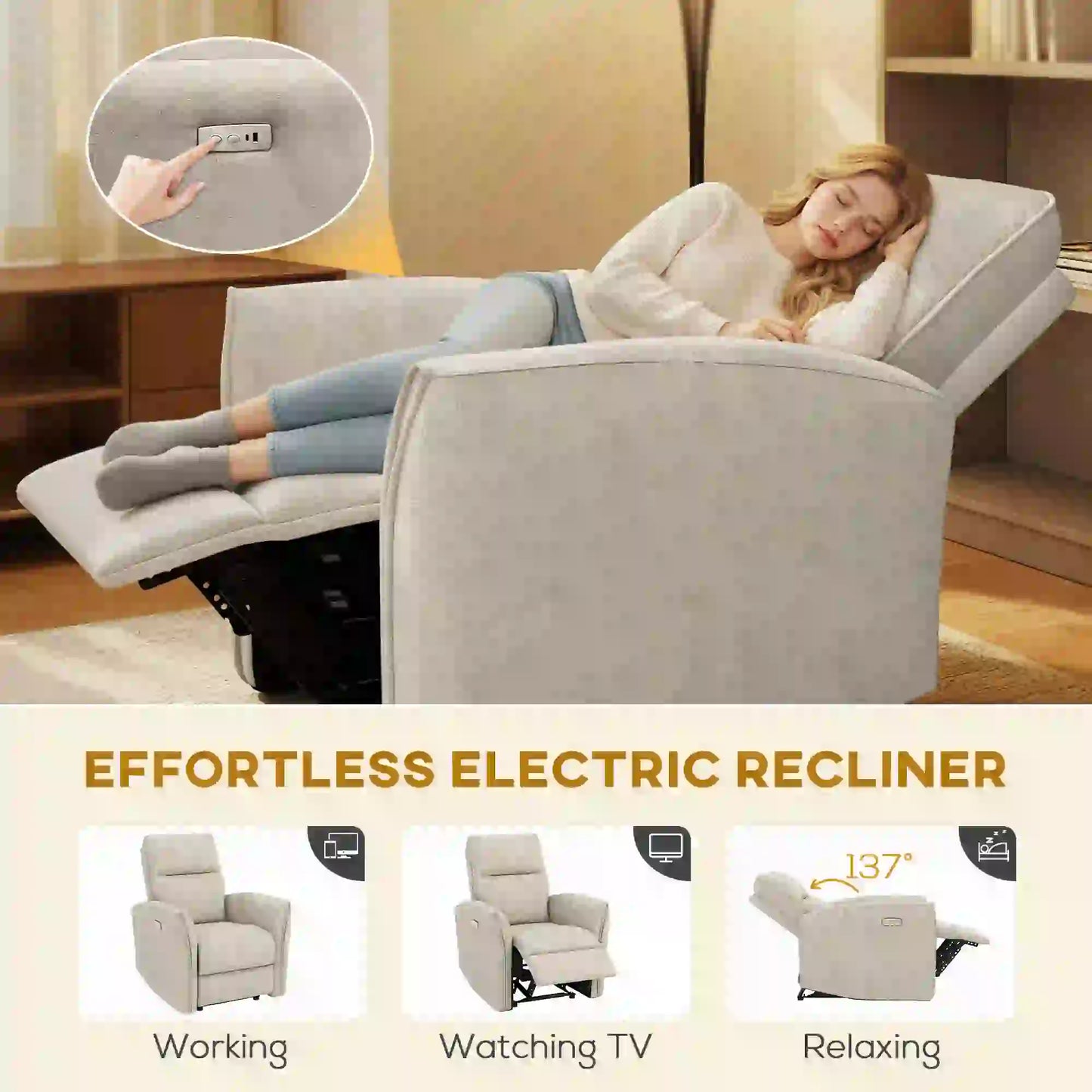 Power Recliner Chair, Fabric Upholstered, USB Ports, Footrest, Beige Sofas & Reclining Chairs at Gallery Canada