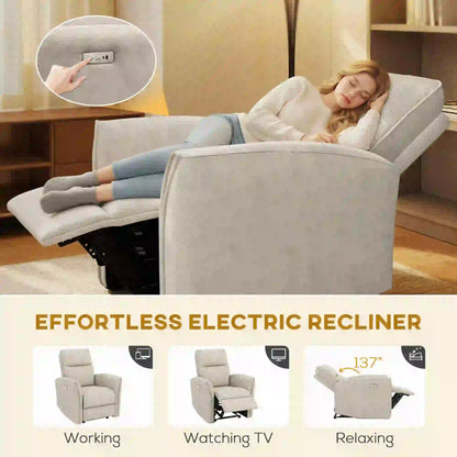 Power Recliner Chair, Fabric Upholstered, USB Ports, Footrest, Beige Sofas & Reclining Chairs at Gallery Canada