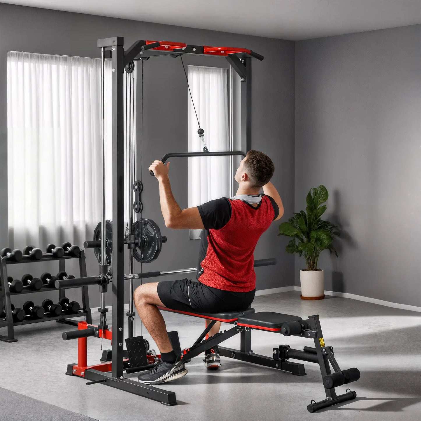 Smith Machine Power Rack with Pull Up Bar, Lat Pull Down, Landmine Power Towers at Gallery Canada