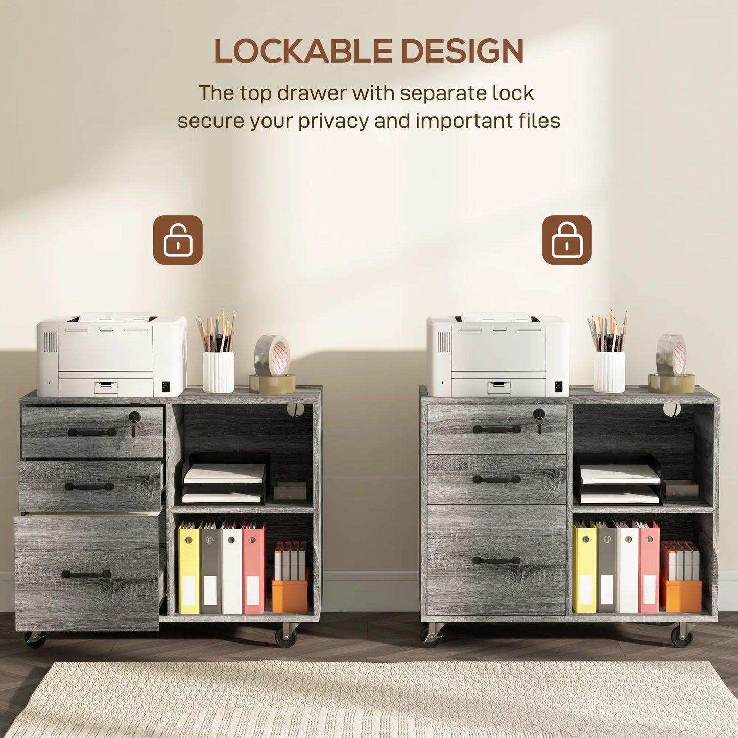 Mobile Printer Stand, Charging Station, USB Ports, Locking Cabinet, A4 Letter Size, Grey Office Cabinets & Cupboards at Gallery Canada