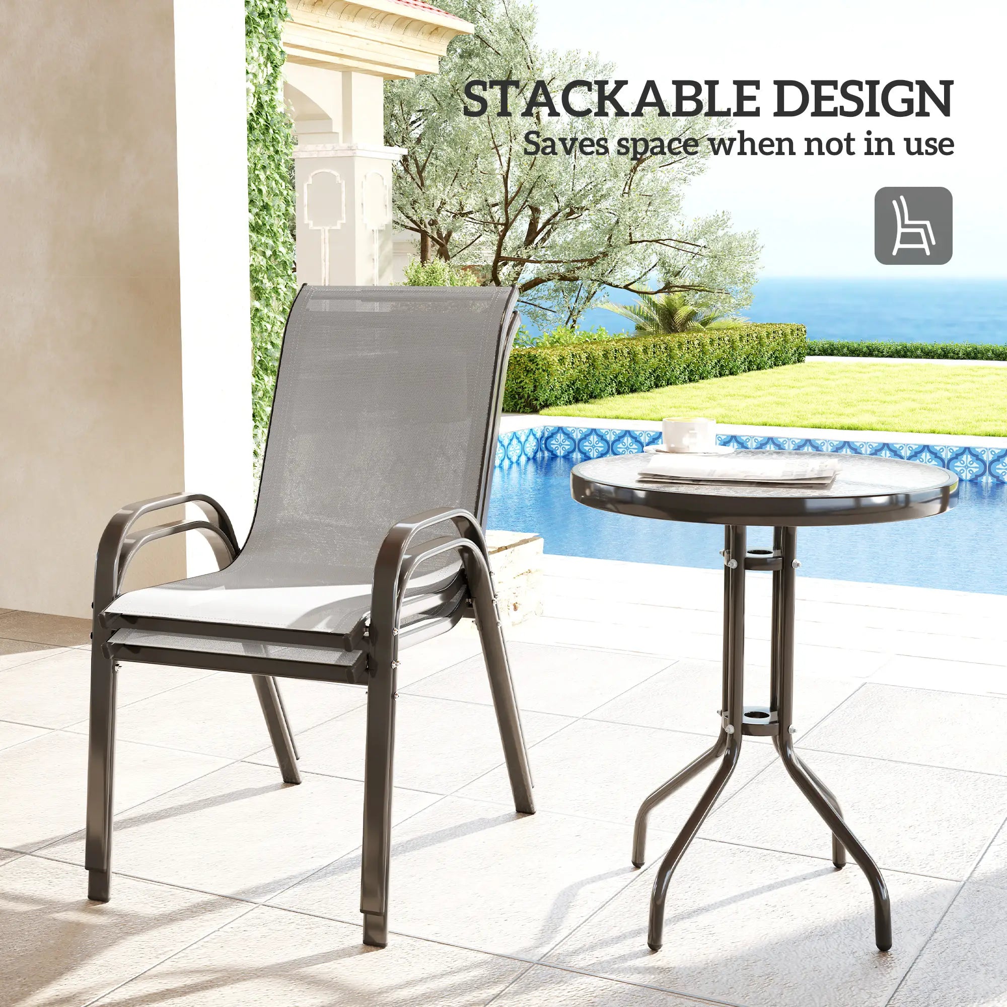 3 Piece Bistro Set, Small Patio Furniture, Stackable Mesh Chairs, Glass Table, Light Grey Bistro Sets at Gallery Canada