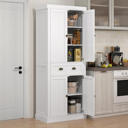 72" Kitchen Cabinet, Kitchen Pantry Cabinet with 4 Doors, 2 Adjustable Shelves and Drawer, Distressed White