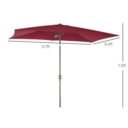 6.5x10ft Patio Umbrella, Rectangle Market Umbrella with Aluminum Frame and Crank Handle, Garden Parasol Outdoor Sunshade Canopy, Wine Red - Gallery Canada