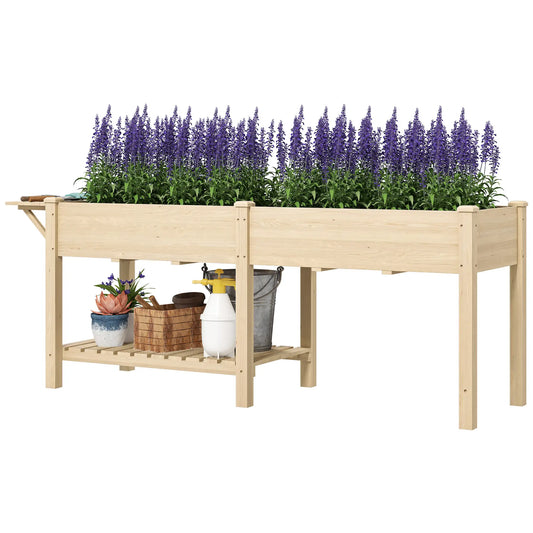 Lit de jardin surélevé, bac à plantes en bois avec table d'appoint, naturel