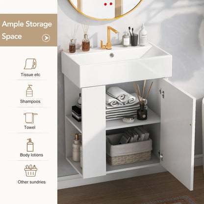 Floating Bathroom Vanity, Ceramic Basin, Side Storage, Rose Gold Handle, 21.5" L x 12" W x 26.5" H, White Sink Cabinets at Gallery Canada