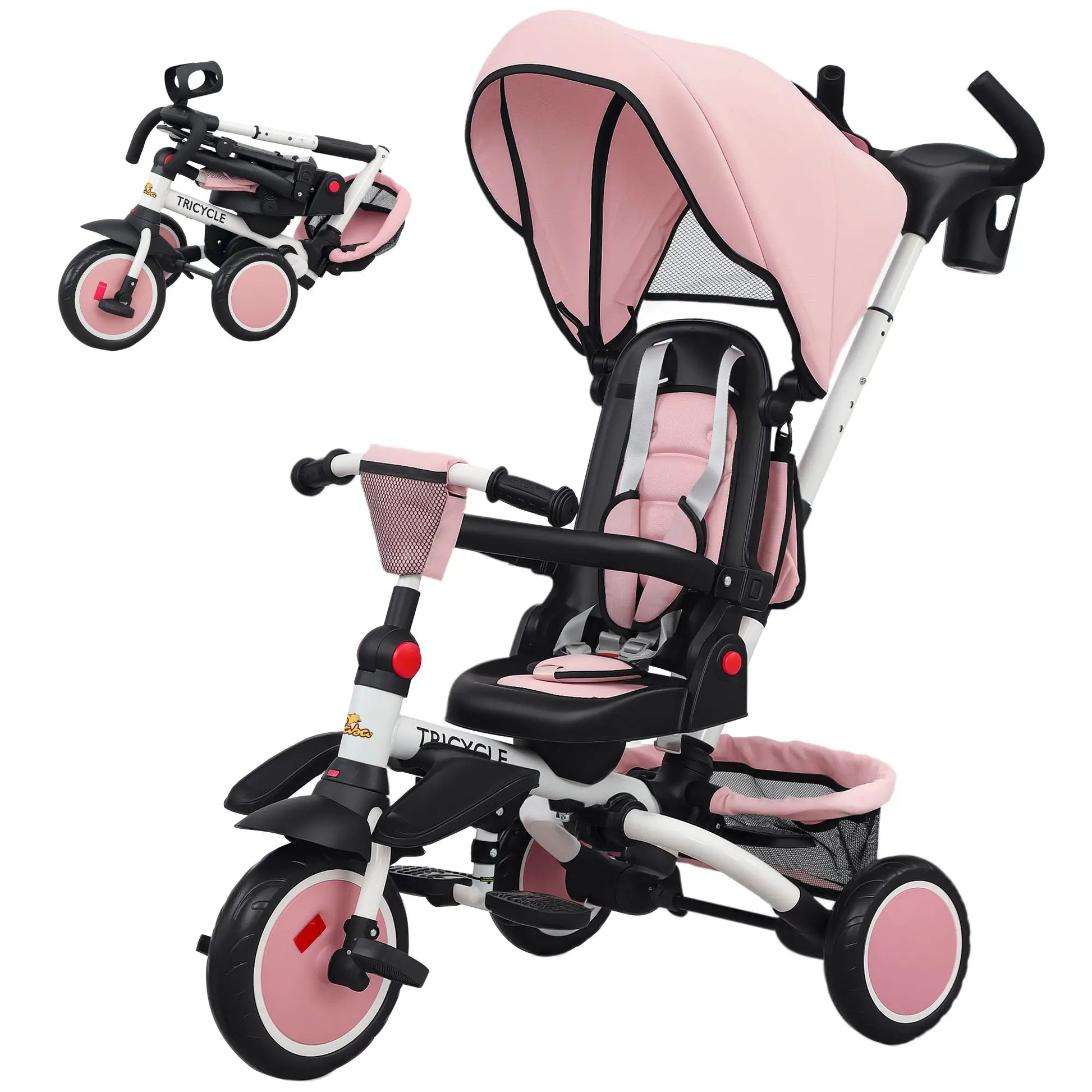 6 in 1 Toddler Tricycle, Push Handle, Removable Canopy, Rotatable Seat, Pink Tricycles for Kids Pink at Gallery Canada